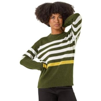 Roman Women's Striped Crewneck Knit Sweater in Green (Size 12)