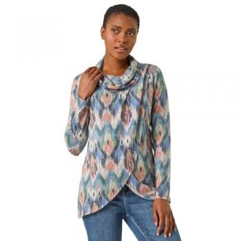 Roman Cowl‑Neck Long‑Sleeve Knit Top (Blue)