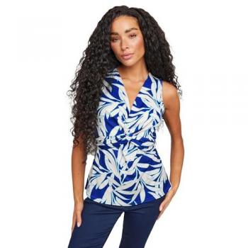 M&Co Women's Petite Tropical Leaf Print Twist Front Top in Blue | Size: 12