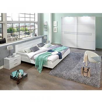 Chambre à coucher adulte avec panneaux de particules blancs, rebord en verre et finition chromée, mesure 140 x 200 cm