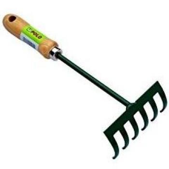 Herramienta de Jardinería: Rastrillo de Acero 6 Dientes con Mango de Madera – 30 x 11 cm