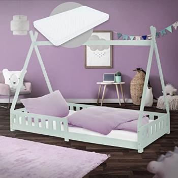 Cama infantil de madera de pino con colchón y sistema de prevención de caídas 90x200 cm