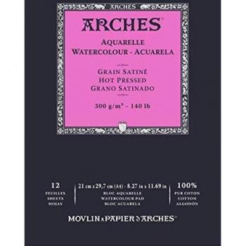 Arches Aquarelle 300 gsm Hot‑Pressed Watercolour Pad – A4, 12 Sheets, 140 lb