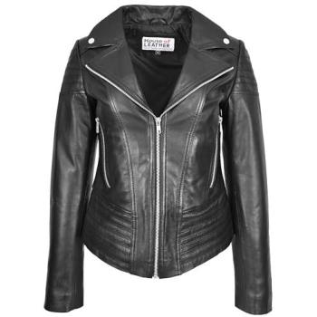 Real Leather Emily Brown Women's Biker Jacket, 18” Black – Size 14