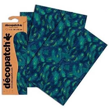 3 feuilles de papier Décopatch 30 x 40 cm, Plumes de paon bleu marine