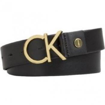 Cintura in pelle nera Calvin Klein con logo e fibbia dorata 75 cm