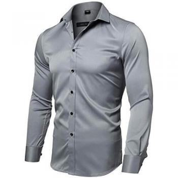INFLATION Men's Tag 44 Bamboo Fiber Dress Shirt Slim Fit Solid Gray Casual Button Down