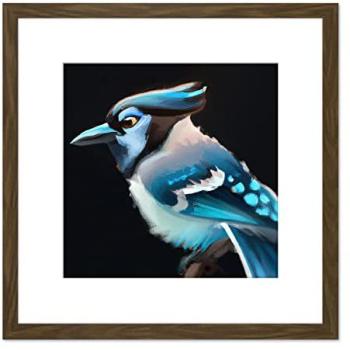 Urban Birdscape: Blue Jay in Acrylic on Dark Background – 8x8, Wood Frame