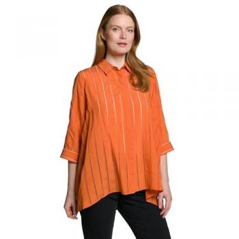 Blusa in misto lino svasata con colletto e maniche a 3/4, colore arancione, taglia 56/58