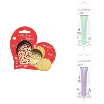 Kit à biscuits en forme de cœur + 2 stylos chocolat vert d'eau et lilas Scrapcooking