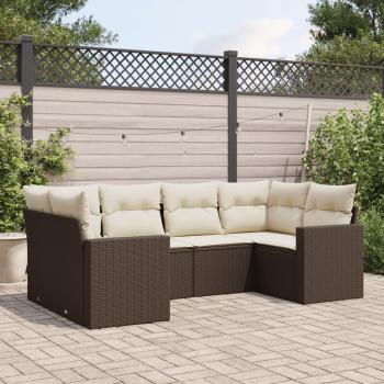 Set de muebles de exterior de 6 piezas y cojines de ratán sintético marrón