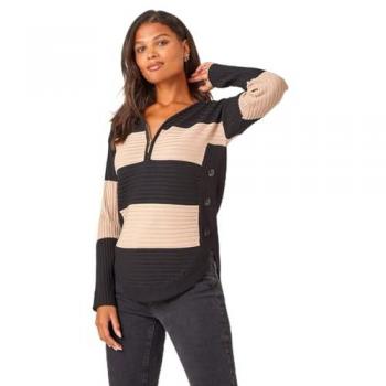 Women's Roman Cotton Blend Stripe Zip Sweater – Beige, 20 S