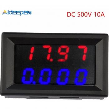 Voltímetro y Amperímetro Digital Doble Pantalla, LED Azul y Rojo, DC 500V, 10A