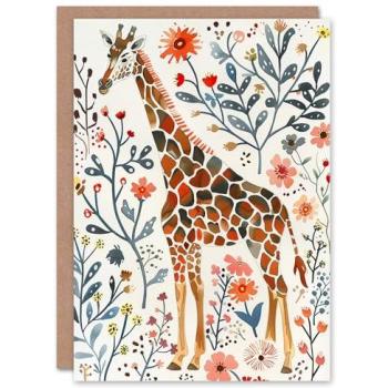 Birthday Giraffe with Wildflowers Watercolor Card