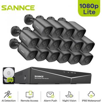 Sistema di Sorveglianza Sannce 16 Canali 1080P, DVR Intelligente, Visione Notturna, Resistente all'Acqua, 2TB HDD