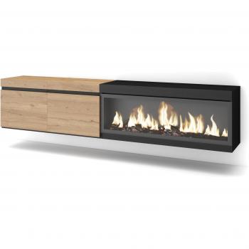 Meuble TV Banc Télé 210 XXL – Cheminée électrique suspendue, mural, blanc cassé