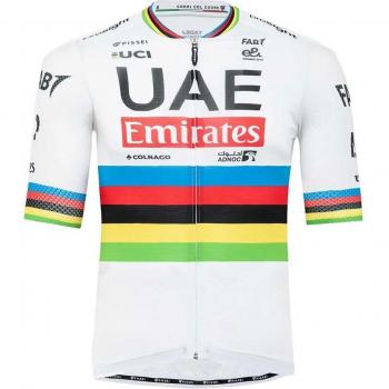 Maglia UAE Team Emirates World Champion Tadej Pogacar Manica Corta Bianco Arcobaleno – M
