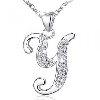 Pendentif Initial Lettre Y en Argent 925 avec Zircon Cubique, Chaîne 46cm