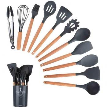 Pack de herramientas de cocina antiadherentes de silicona, 12 unidades, mangos de madera