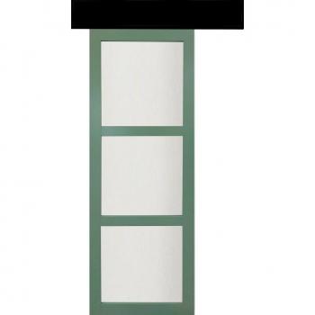 Porte glissière 204 x 83 cm vert RAL 6021, MDF, vitré 4 mm, rail alu noir et deux coffrets de finition