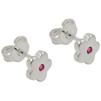 Paar Kinderohrringe 6mm Blume mit synthetischem Rubin pink Silber 925
