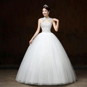 Vestido de Novia Elegante con Encaje y Cuello Alto Sin Mangas