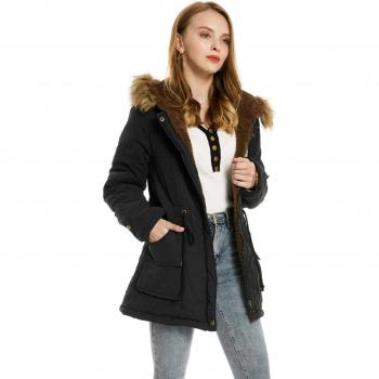 Doudoune Femme Chaud Parka Manteau en Coton Hiver Blouson Fourrure avec Capuche Rembourré Veste Style Militaire (Noir, XL)