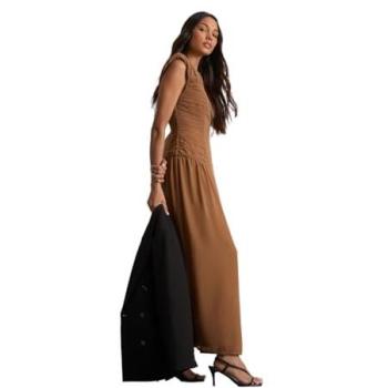 Mocha Shoulder Pad Detail Maxi Dress – Ruched Waist, Size 10