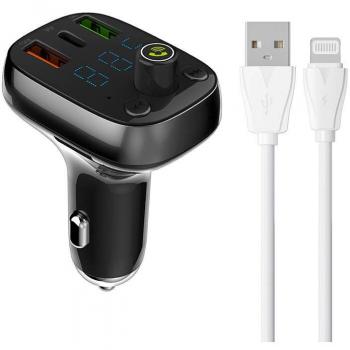 LDNIO Bluetooth C704Q Auto FM-Transmitter mit 2 USB-Ports, USB-C und Lightning-Kabel, Grau