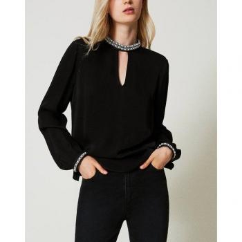 Blusa in crêpe Twinset con ricami, Nero, Taglia XL