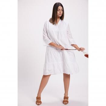 Abito svasato con ricami, colletto alto, maniche a 3/4, Donna, Bianco, Taglia: 68/70, Cotone