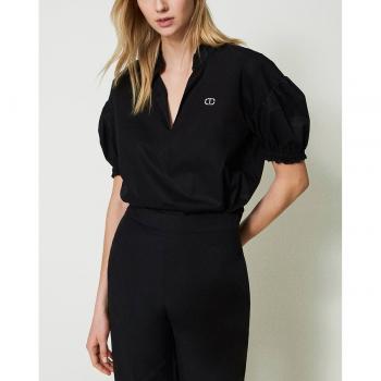 Blusa in popeline Twinset, Oval T, Nero, Cotone, Taglia 40