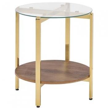 Gold Metal Frame Side Table with Tempered Glass Top and Dark Wood Shelf