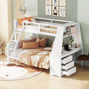 Lit superposé avec bureau et rangement pour enfant, 90 x 200 cm, blanc