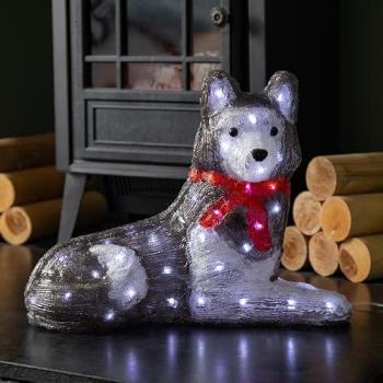 Red‑Scarf Illuminated Husky Figurine – 28cm Acrylic & White Lights