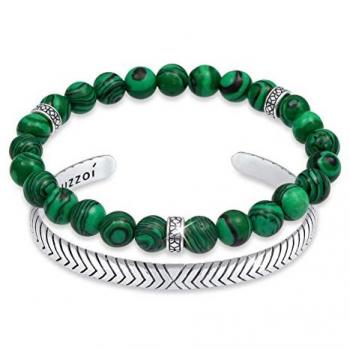 Kuzzoi Herren Armband Set 2-teilig Oxidiert Achat Malachit 925 Silber 21 cm