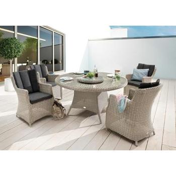 Destiny LUNA Outdoor Set – 4 Sitzsäcke, 150 cm Tisch mit Drehteller, Aluminium‑Polyrattan