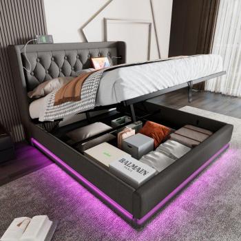 Lit capitonné double 140x200 cm avec éclairage LED et port USB Type-C