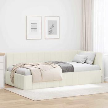 Lit d'angle velours crème 90 x 190 cm avec tête de lit