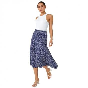 Navy Cotton Midi Skirt with Confetti Spot Print and Flattering A-Line Design