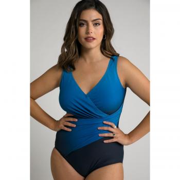 Women's Plus Size Ombre V-Neck Surplice Wrap Lined Swimsuit, Blue, Size 34, Polyester/Synthetic Fibers/Spandex