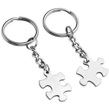 BOPREINA Personalisierte Gravur 2 Stücke Edelstahl 25*17mm Puzzle Schlüsselanhänger Partner Paare Liebe Freundschaft Schlüsselbund Schlüsselring Keychain, Silber