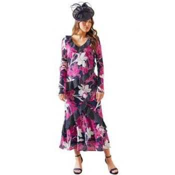 Mixed Floral Ruffle Midi Dress in Navy – Size 14, Wallis