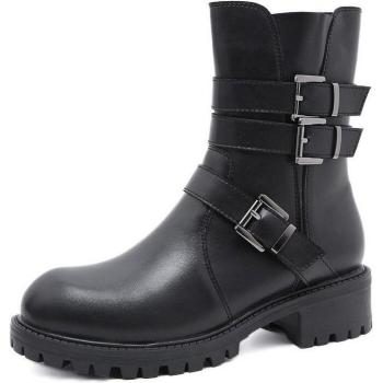 Botas de moto con tacón grueso para mujer, hebilla metálica, suela de goma negra