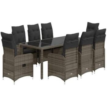 9-tlg. Bistro-Set für den Garten mit Kissen Grau Poly Rattan