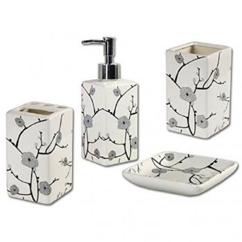 Set Bagno Ceramica Fiori Pesco Dispenser Porta Saponetta e Bicchiere
