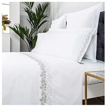 Juego de sábanas bordadas ZUYANA 100% algodón percal 200 hilos blanco para cama de 200 x 190/200 cm