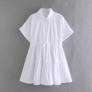 Robe mini vintage à volants, col à revers, manches courtes, couleur unie