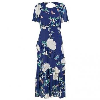 Elegant Navy Mesh Bird Print Midi Dress with Ruffles