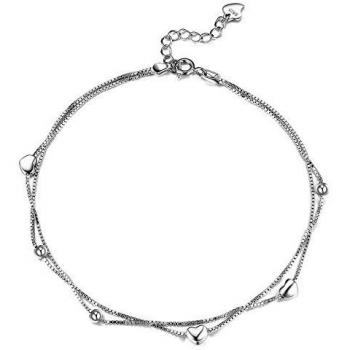 Lydreewam Argento 925 Cavigliera Donna 2 Strati Catena Spiaggia Sandalo a Piedi Nudi Cuore d’Amore